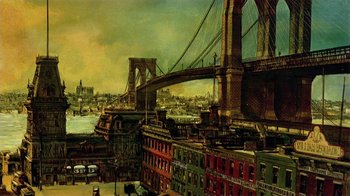Movie still from “American Pop” (1981), directed by Ralph Bakshi – An oil painting of a city with a bridge in the background; Extreme Wide shot, High angle