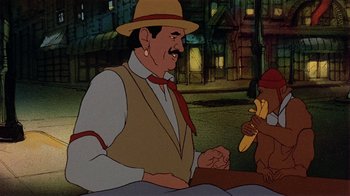 Movie still from “American Pop” (1981), directed by Ralph Bakshi – An animated man holding a banana next to an animal; Close Up shot, Over the shoulder angle