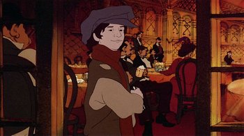 Movie still from “American Pop” (1981), directed by Ralph Bakshi – An animated picture of a man in a restaurant; Medium shot, High angle