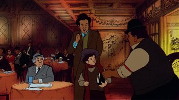 Movie still from “American Pop” (1981), directed by Ralph Bakshi – An animated picture of a man and a boy; Medium shot, Over the shoulder angle