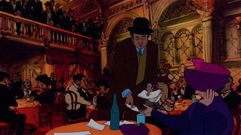 Movie still from “American Pop” (1981), directed by Ralph Bakshi – An animated picture of a man in a suit and a hat; Wide shot, Over the shoulder angle