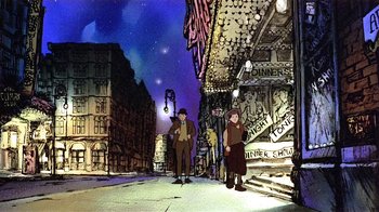 Movie still from “American Pop” (1981), directed by Ralph Bakshi – A group of people standing on a street; Wide shot, Low angle