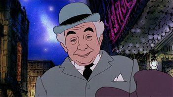 Movie still from “American Pop” (1981), directed by Ralph Bakshi – An animated picture of a man in a suit and a hat; Close Up shot, Low angle