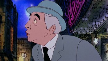 Movie still from “American Pop” (1981), directed by Ralph Bakshi – An old man wearing a blue hat and a suit; Close Up shot, Low angle