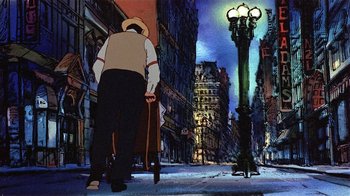 Movie still from “American Pop” (1981), directed by Ralph Bakshi – A man walking down the street with a cane; Wide shot, Low angle