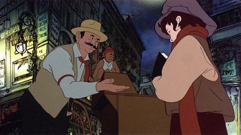 Movie still from “American Pop” (1981), directed by Ralph Bakshi – An animated scene of a man handing a box to a woman; Medium shot, High angle