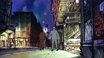 Movie still from “American Pop” (1981), directed by Ralph Bakshi – Two men are walking down the street at night; Wide shot, Low angle