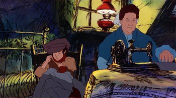 Movie still from “American Pop” (1981), directed by Ralph Bakshi – Two people sitting in front of an old fashioned sewing machine; Medium shot, High angle