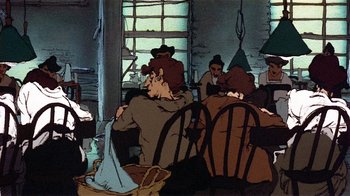 Movie still from “American Pop” (1981), directed by Ralph Bakshi – A group of people sitting around a room; Wide shot, High angle
