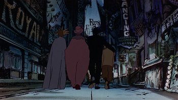 Movie still from “American Pop” (1981), directed by Ralph Bakshi – A group of people standing next to each other on a street; Wide shot, Low angle