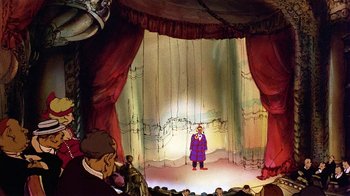 Movie still from “American Pop” (1981), directed by Ralph Bakshi – An animated scene of a man standing on a stage; Extreme Wide shot, High angle