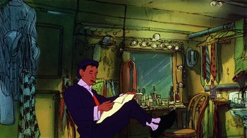 Movie still from “American Pop” (1981), directed by Ralph Bakshi – An animated picture of a man in a suit and tie reading; Wide shot, High angle