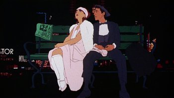 Movie still from “American Pop” (1981), directed by Ralph Bakshi – A couple of people sitting on top of a wooden bench; Medium shot, Low angle