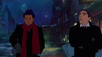 Movie still from “American Pop” (1981), directed by Ralph Bakshi – Two men standing next to each other on a street; Medium shot, Low angle