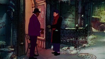 Movie still from “American Pop” (1981), directed by Ralph Bakshi – Two men standing in front of a building; Wide shot, High angle