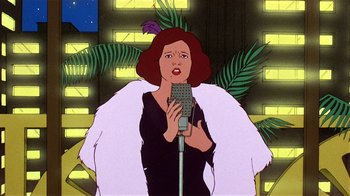Movie still from “American Pop” (1981), directed by Ralph Bakshi – An animated picture of a woman singing into a microphone; Close Up shot, Low angle