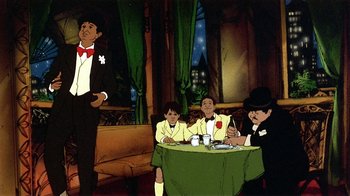 Movie still from “American Pop” (1981), directed by Ralph Bakshi – A group of men sitting at a table in a room; Wide shot, Low angle