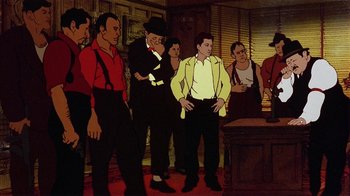 Movie still from “American Pop” (1981), directed by Ralph Bakshi – A group of men standing around a table; Wide shot, Low angle