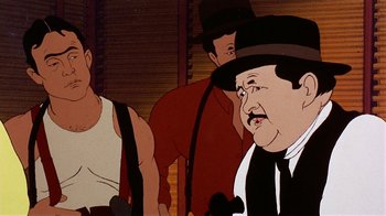 Movie still from “American Pop” (1981), directed by Ralph Bakshi – An animated picture of a man in a hat and a tie; Close Up shot, Low angle