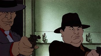 Movie still from “American Pop” (1981), directed by Ralph Bakshi – An animated picture of a man holding a gun; Close Up shot, Low angle