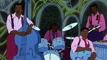 Movie still from “American Pop” (1981), directed by Ralph Bakshi – A group of men playing musical instruments in front of trees; Wide shot, Low angle