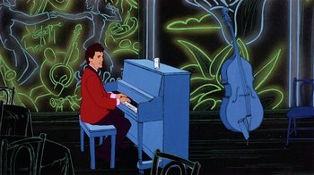 Movie still from “American Pop” (1981), directed by Ralph Bakshi – A man sitting at a piano in front of a painting; Wide shot, High angle