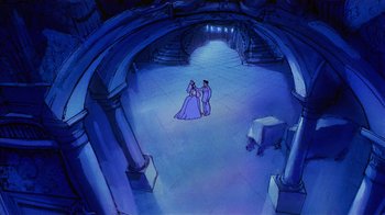 Movie still from “American Pop” (1981), directed by Ralph Bakshi – A couple of people are standing in a room; Extreme Wide shot, High angle