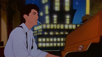 Movie still from “American Pop” (1981), directed by Ralph Bakshi – A man smoking a cigarette in front of a building at night; Close Up shot, Low angle