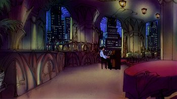 Movie still from “American Pop” (1981), directed by Ralph Bakshi – A man sitting at a piano in a living room; Extreme Wide shot, High angle