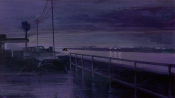 Movie still from “American Pop” (1981), directed by Ralph Bakshi – A car is parked on the side of a pier; Extreme Wide shot, Low angle