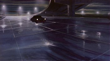 Movie still from “American Pop” (1981), directed by Ralph Bakshi – A painting of a car driving down a street at night; Extreme Wide shot, Low angle