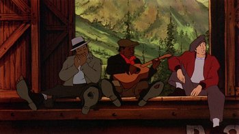 Movie still from “American Pop” (1981), directed by Ralph Bakshi – A group of men sitting on a bench playing a guitar; Wide shot, Low angle