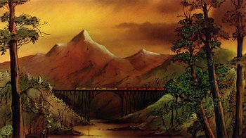 Movie still from “American Pop” (1981), directed by Ralph Bakshi – An oil painting of a train crossing a bridge over a river; Extreme Wide shot, Low angle