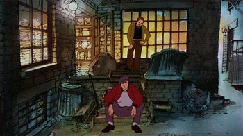 Movie still from “American Pop” (1981), directed by Ralph Bakshi – Two people are sitting on steps in a room; Wide shot, High angle
