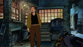 Movie still from “American Pop” (1981), directed by Ralph Bakshi – An animated man standing in front of a staircase; Wide shot, High angle