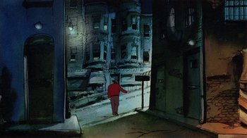 Movie still from “American Pop” (1981), directed by Ralph Bakshi – A man standing on the sidewalk in front of a building at night; Extreme Wide shot, High angle