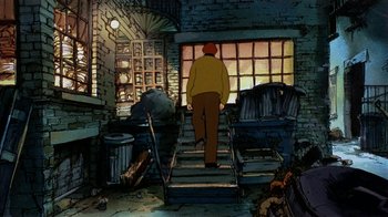 Movie still from “American Pop” (1981), directed by Ralph Bakshi – A man walking down a set of stairs in a room; Wide shot, High angle