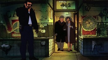 Movie still from “American Pop” (1981), directed by Ralph Bakshi – An animated scene of a man and a woman in a building; Wide shot, Low angle