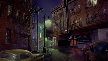 Movie still from “American Pop” (1981), directed by Ralph Bakshi – An oil painting of an urban street at night; Extreme Wide shot, Low angle