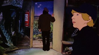 Movie still from “American Pop” (1981), directed by Ralph Bakshi – A man standing in front of an open door; Wide shot, Low angle