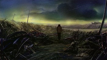 Movie still from “American Pop” (1981), directed by Ralph Bakshi – A person is walking through a field at night; Extreme Wide shot, Low angle