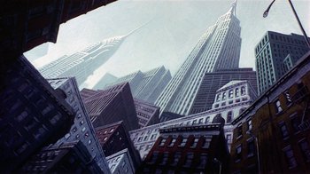 Movie still from “American Pop” (1981), directed by Ralph Bakshi – A painting of a city with skyscrapers in the background; Extreme Wide shot, Low angle