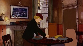 Movie still from “American Pop” (1981), directed by Ralph Bakshi – An animated scene of a man sitting at a table with a banana; Medium shot, High angle