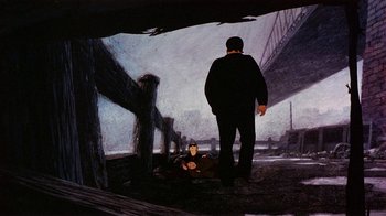 Movie still from “American Pop” (1981), directed by Ralph Bakshi – A painting of a man standing next to a man sitting on the ground; Wide shot, Low angle