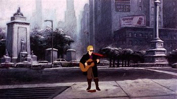 Movie still from “American Pop” (1981), directed by Ralph Bakshi – A painting of a man playing a guitar in the middle of the street; Wide shot, Low angle