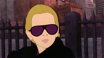 Movie still from “American Pop” (1981), directed by Ralph Bakshi – A painting of a woman wearing sunglasses and a black jacket; Close Up shot, Low angle