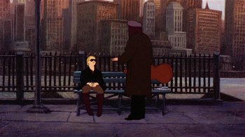 Movie still from “American Pop” (1981), directed by Ralph Bakshi – An animated scene of a woman sitting on a park bench; Wide shot, Over the shoulder angle