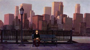 Movie still from “American Pop” (1981), directed by Ralph Bakshi – A man sitting on top of a wooden park bench; Wide shot, High angle