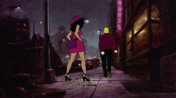 Movie still from “American Pop” (1981), directed by Ralph Bakshi – A woman in a pink dress is walking down the street; Wide shot, Low angle