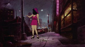Movie still from “American Pop” (1981), directed by Ralph Bakshi – A woman in a pink dress and a purple hat is standing on the sidewalk; Wide shot, Low angle